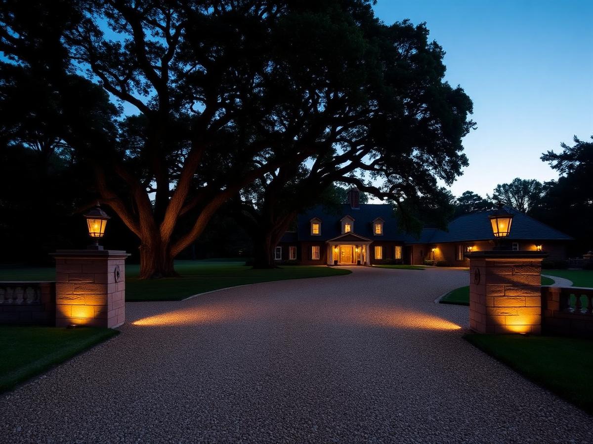 Placeholder — Oak Knoll Arrival: Gravel motor court beneath heritage oaks